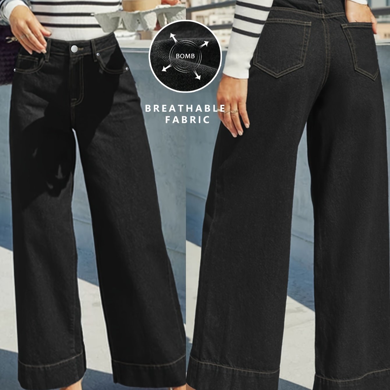 Jean en denim extensible taille haute à jambes larges avec ourlet revers