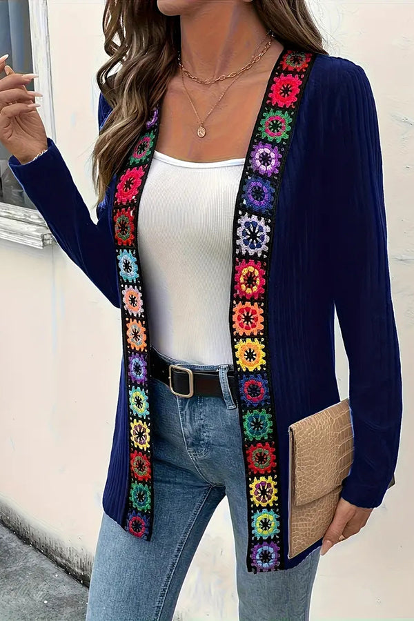 Cardigan à manches longues en maille avec bordure florale bohème