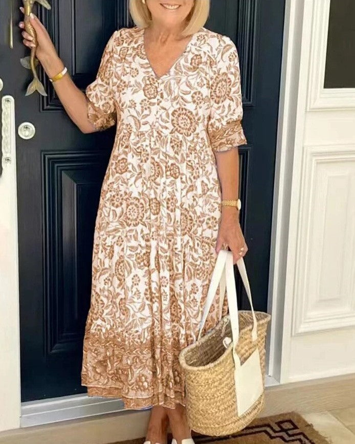 Robe Fleurie Col V Évasée Élégante pour Femme