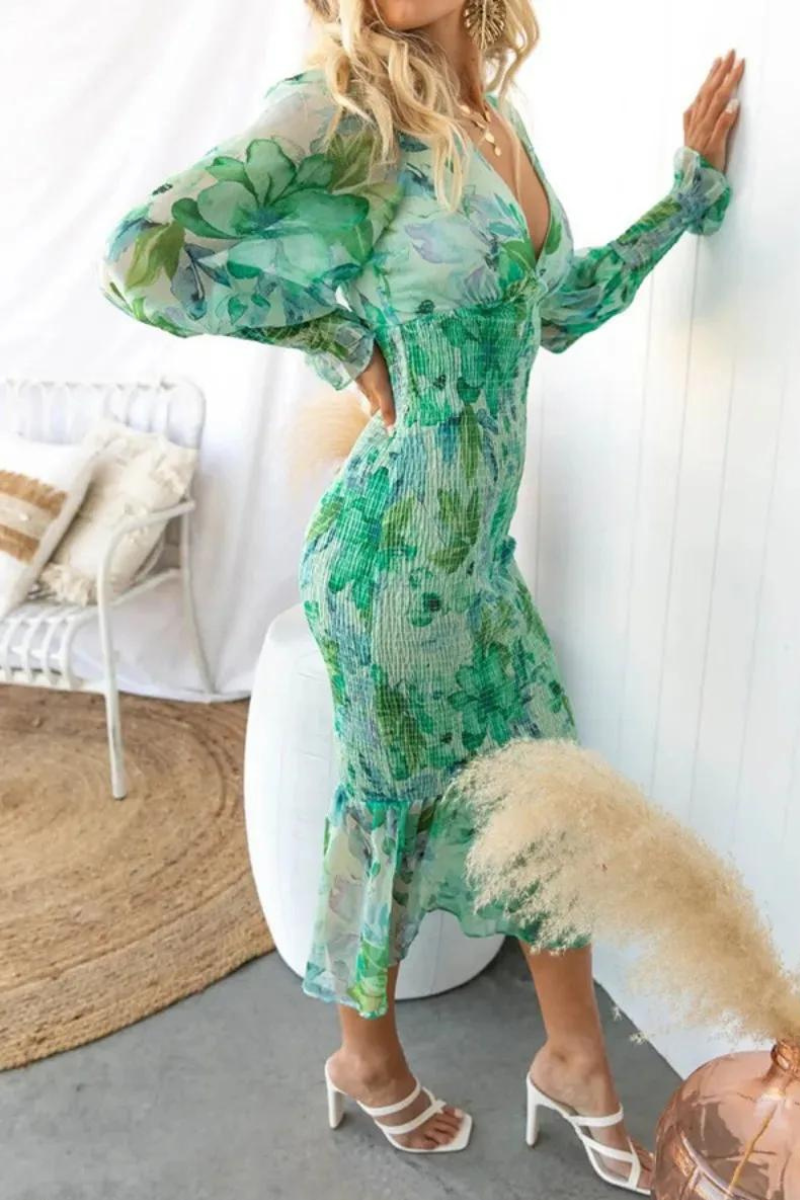 Robe Elegante Midi Fleurie Col V Femme