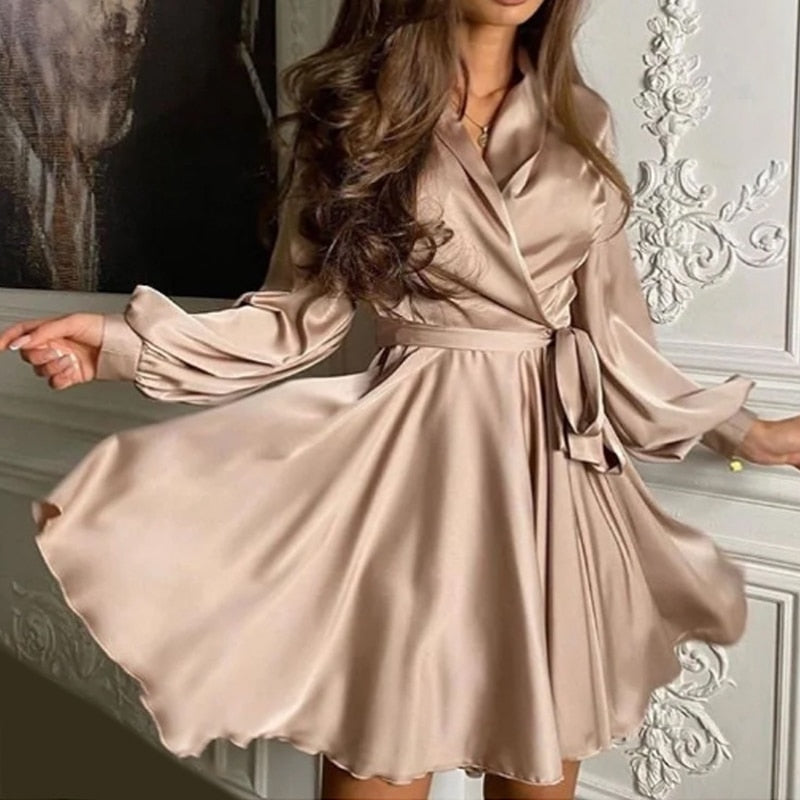 Robe Femme Chic Col V Manches Longues Bouffantes