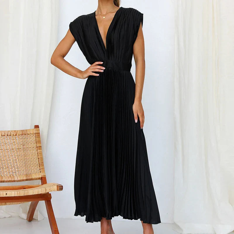 Robe Midi Plissée À Col V Chic Pour Femme