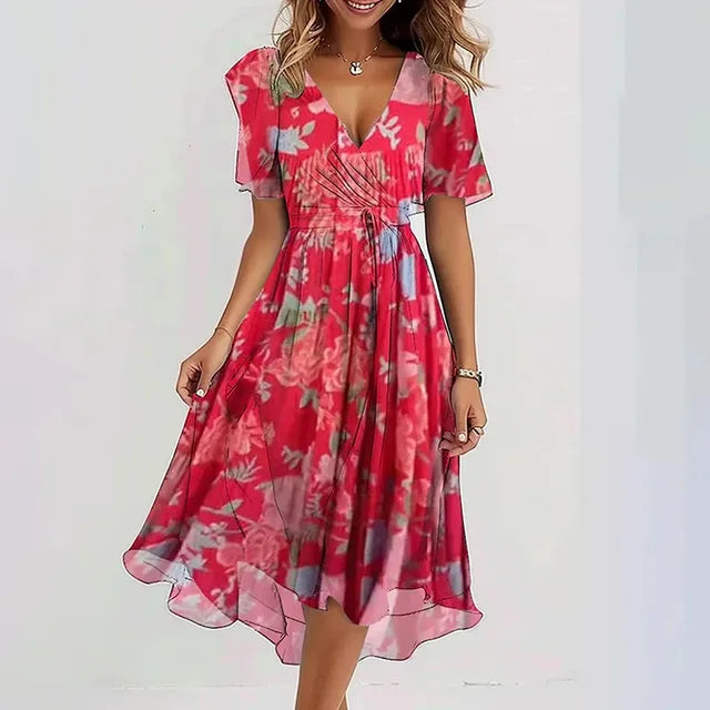 Robe Midi Évasée à Fleurs Décolleté en V pour Femme