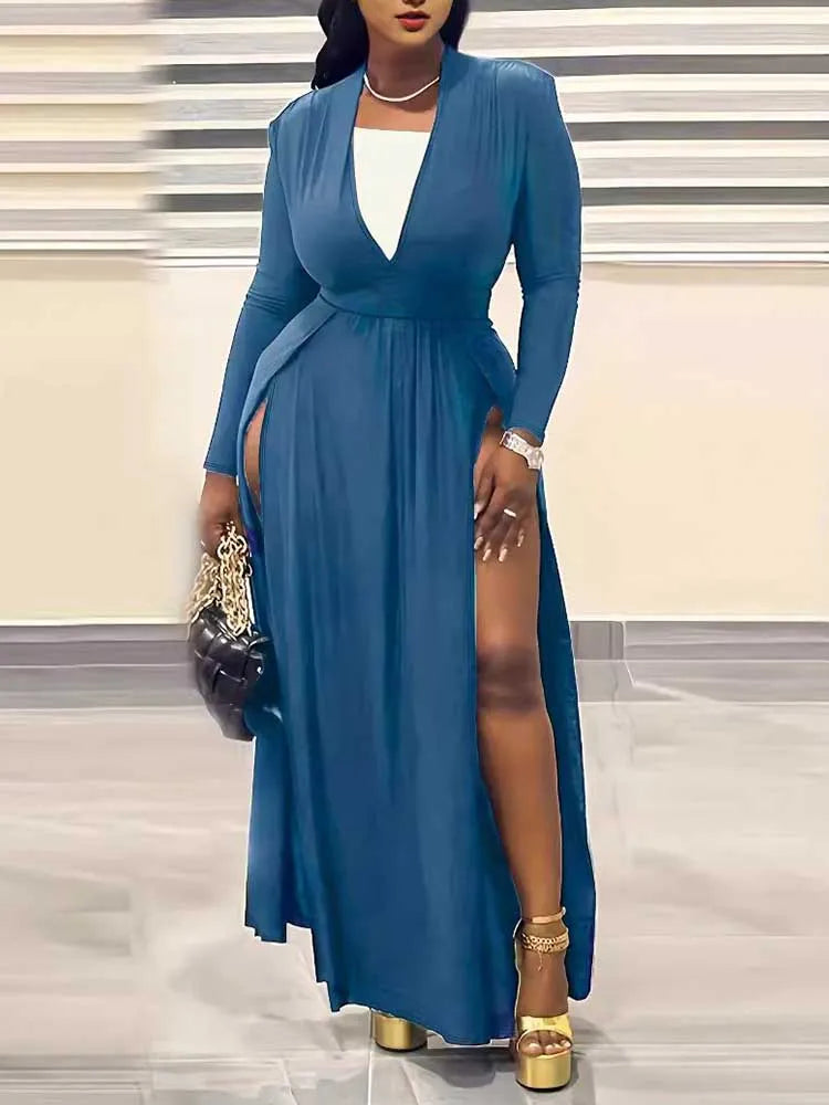 Robe Longue Fluide À Manches Longues Avec Fentes Pour Femme