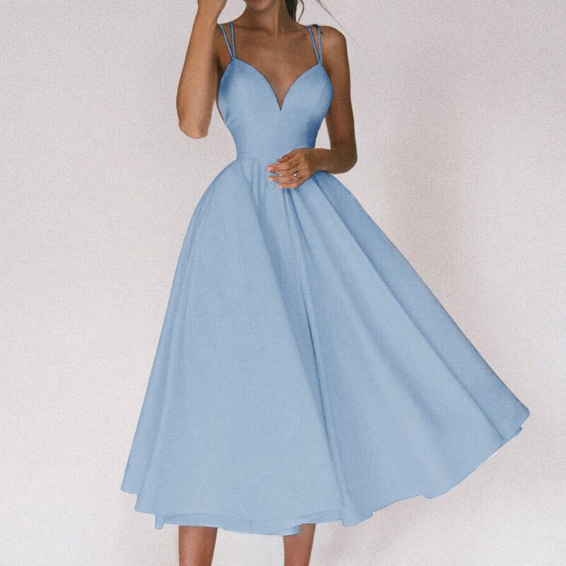 Robe Midi Évasée Sans Manches À Col V Sophistiquée Femme