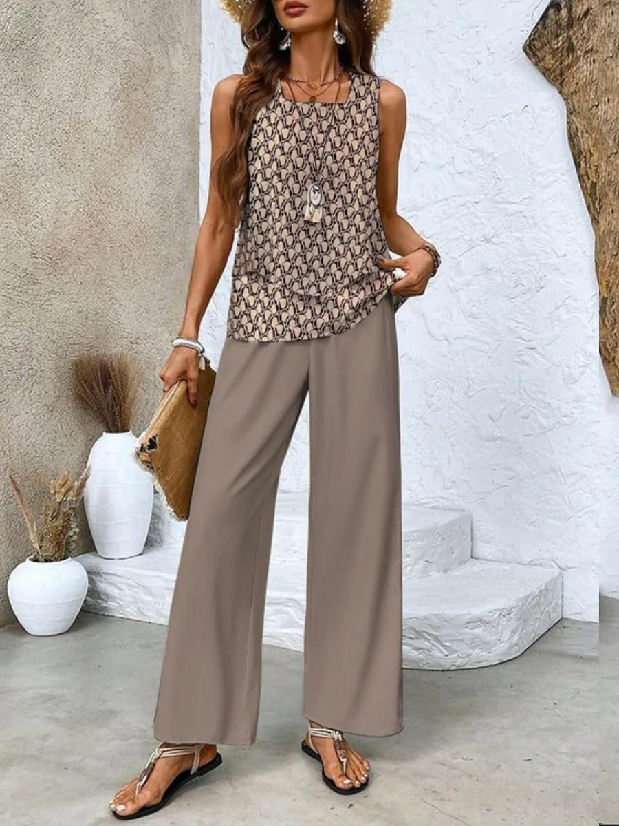Ensemble Chic Femme Blouse Sans Manches Superposée et Pantalon