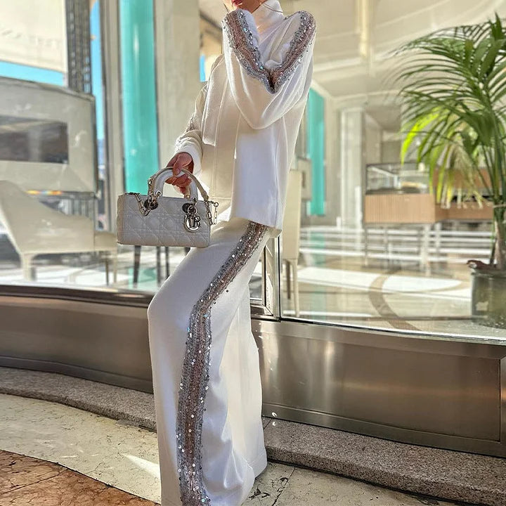 Ensemble Chic Femme Col Roulé Pailleté et Pantalon