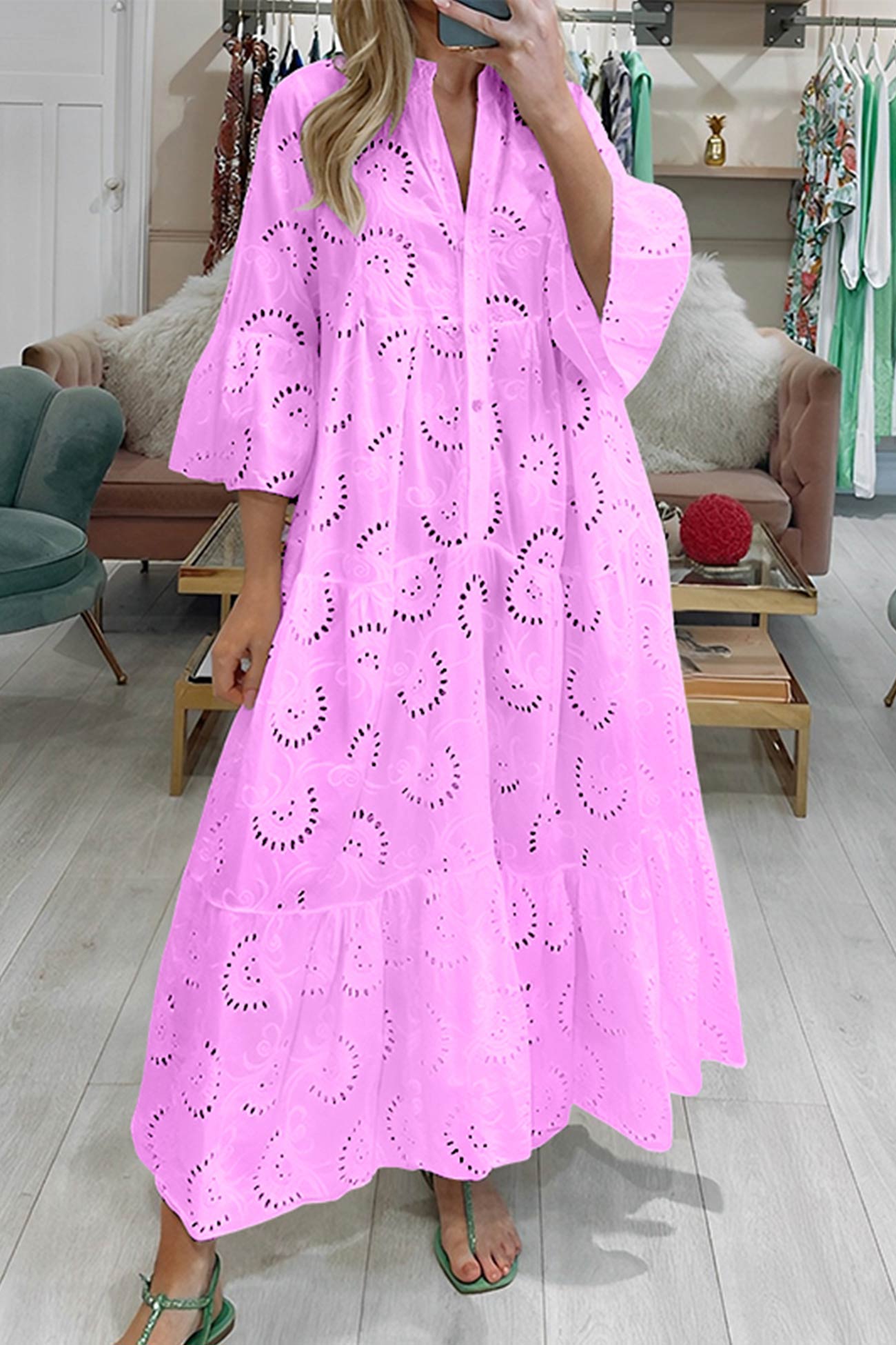Robe Ample en Dentelle Boutonnée pour Femme