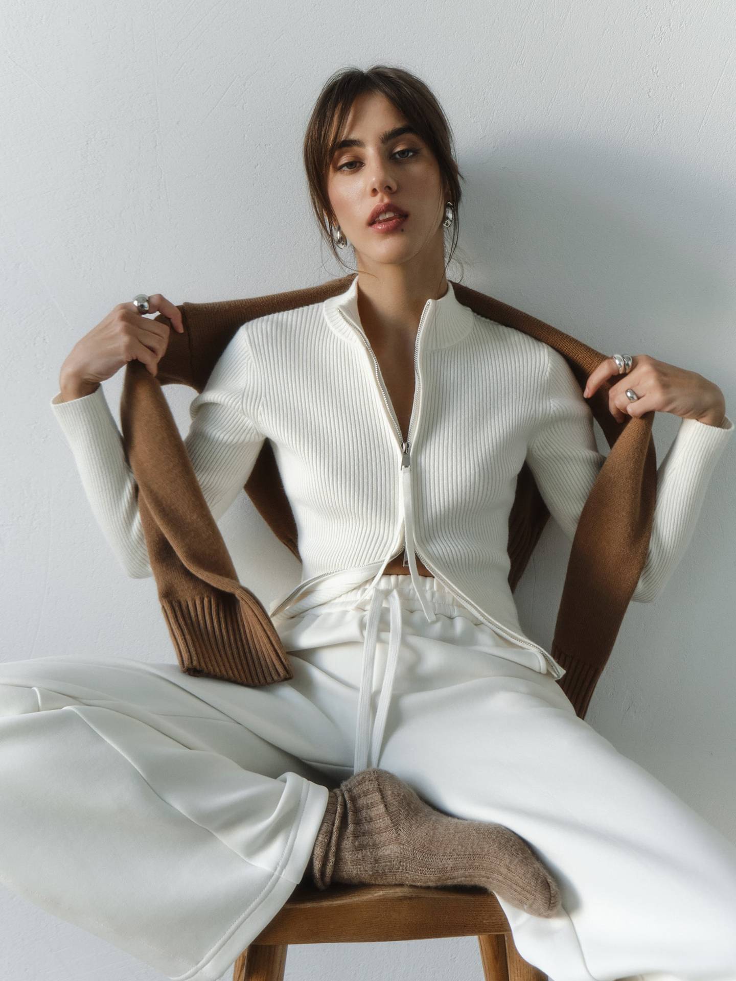 Pull en maille côtelée confortable avec fermeture éclair haute