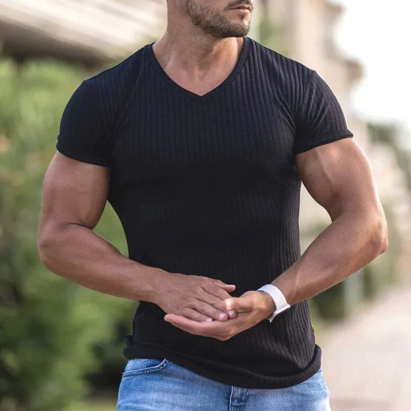 T Shirt Homme Col V T-shirt Uni U00e0 Manches Courtes Pour Homme Avec Col En V Extra Profond - Coupe Ajustu00e9e - Col En V - Extensible - Couleur Unie - Du00e9contractu00e9
