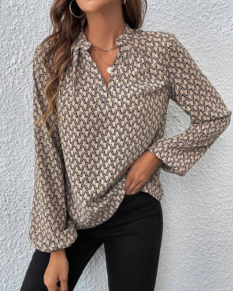 Blouse à col en V avec impression et manches longues - Haut aéré pour le bureau et les loisirs