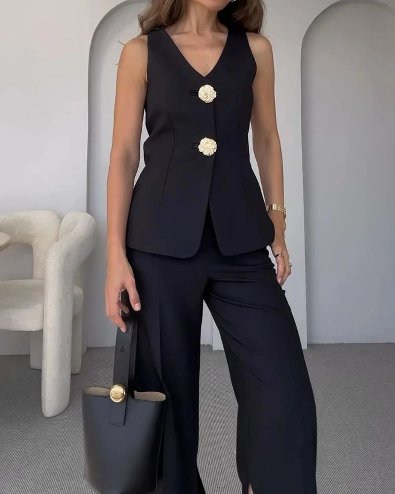 Ensemble Sophistiqué Gilet Et Pantalon Évasé Femme Pour Événements