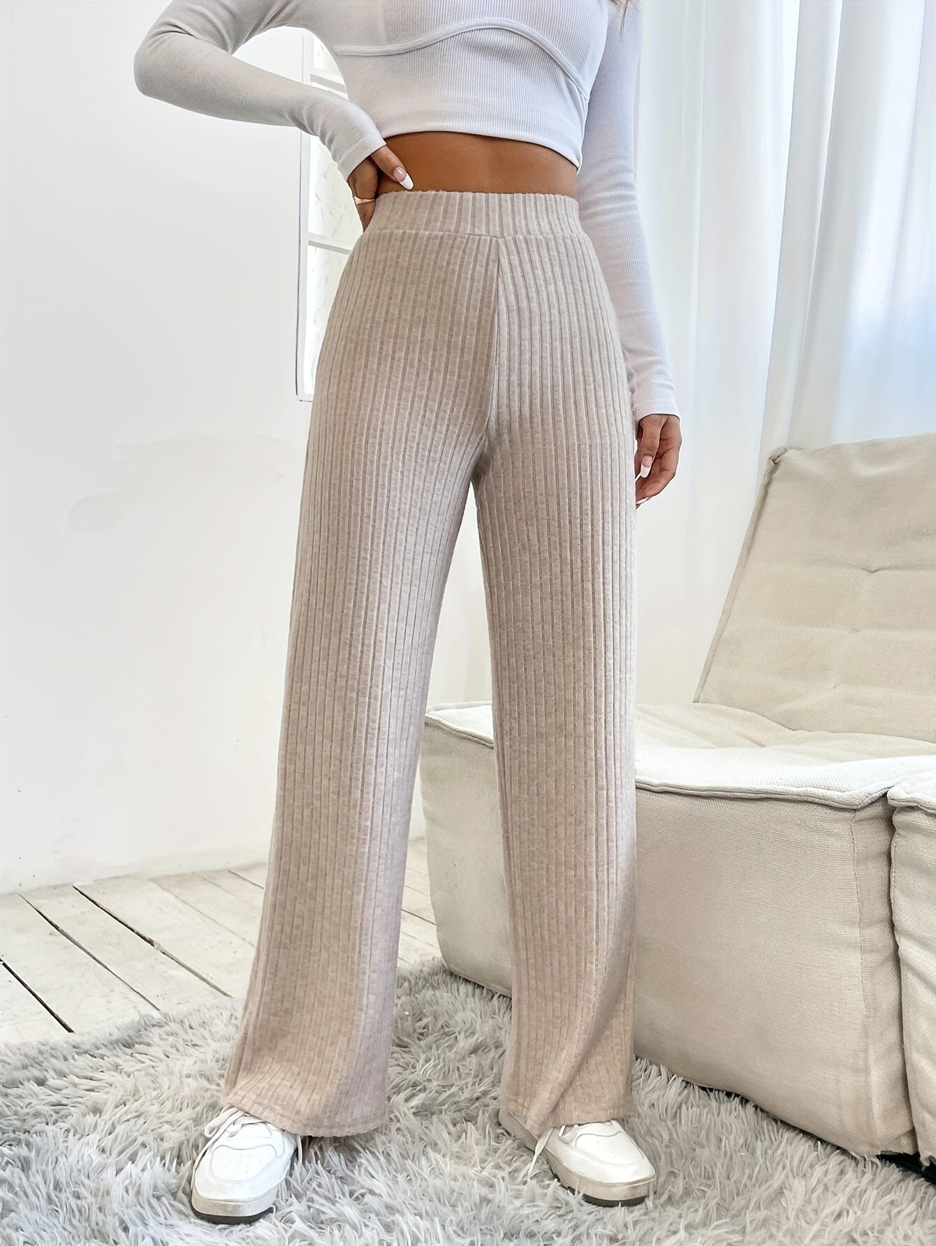 Pantalon Large Côtelé Élastique Élégant Femme