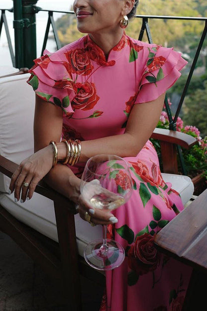 Robe longue cheongsam fleurie avec manches évasées à volants en étages