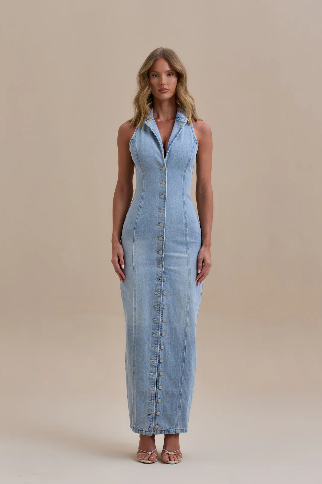 Robe longue en jean pour femme avec boutons sur le devant