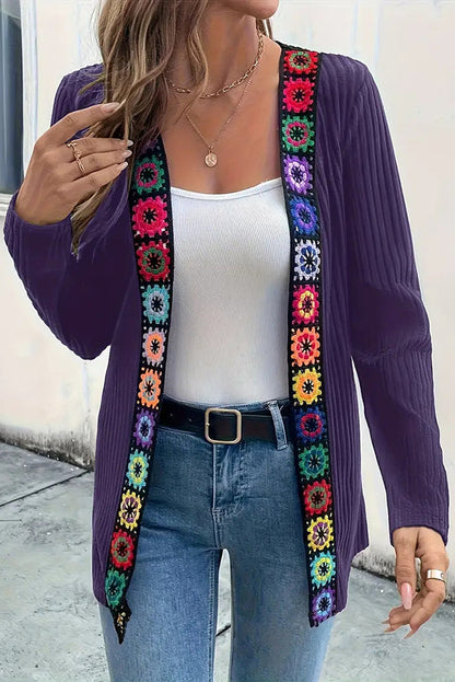 Cardigan à manches longues en maille avec bordure florale bohème
