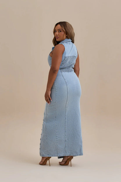 Robe longue en jean pour femme avec boutons sur le devant