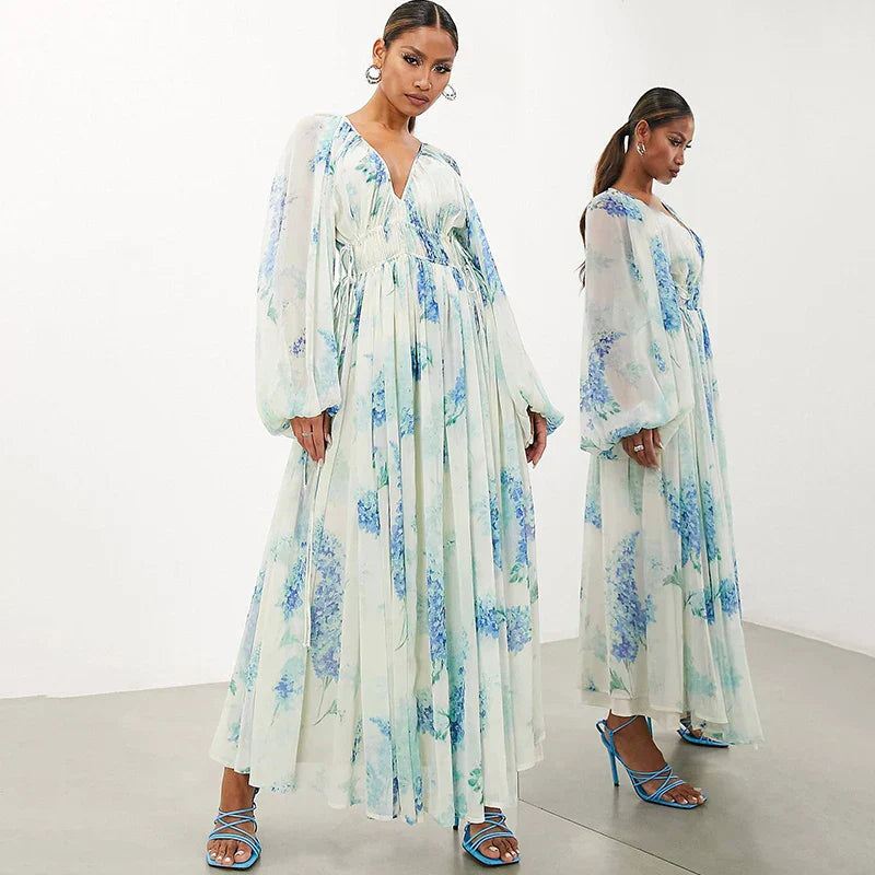 Robe longue à taille cintrée et cordon floral