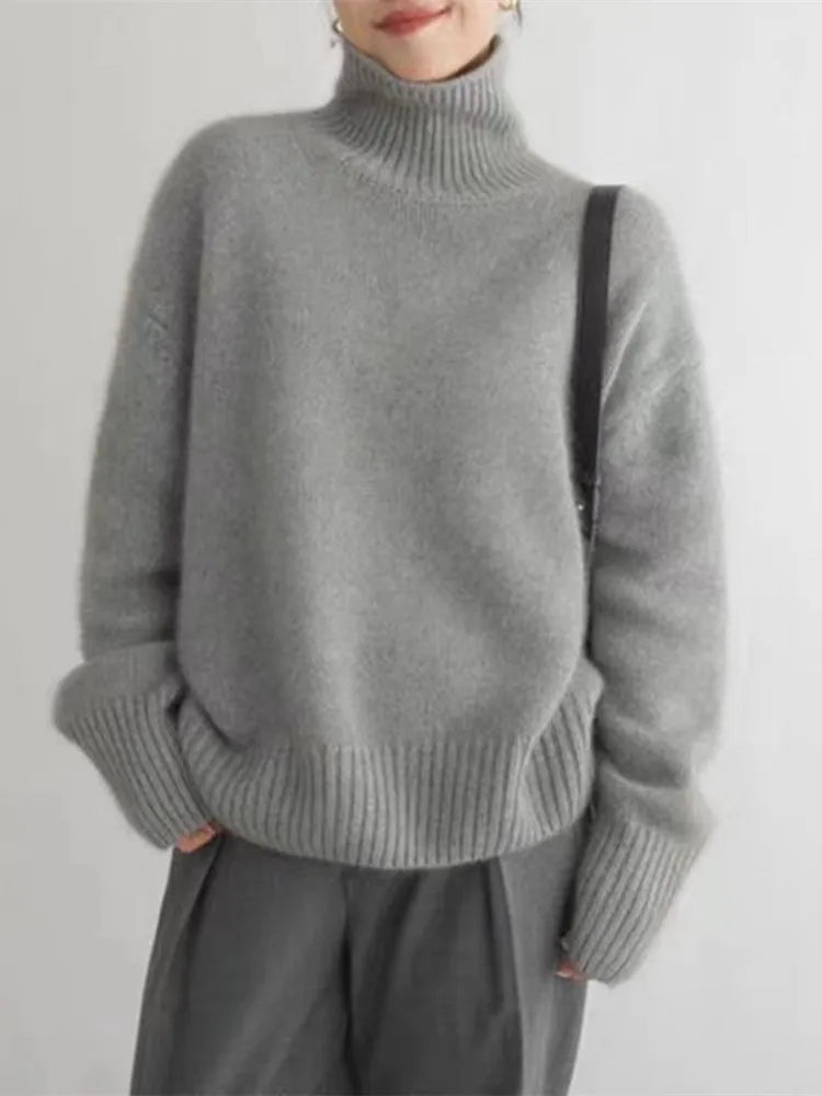 Pull en tricot doux et chaleureux à col roulé pour superpositions hivernales