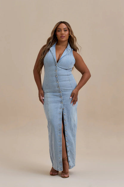 Robe longue en jean pour femme avec boutons sur le devant
