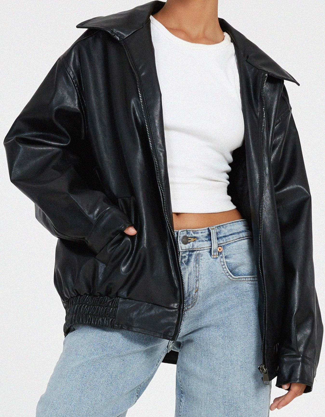 Veste Cuir Oversize Zippée avec Poches pour Femme