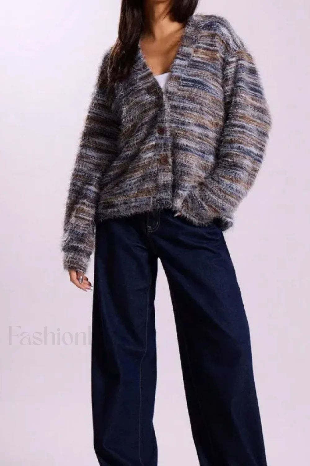 Cardigan Tricoté Vintage Rayé Col V Confortable