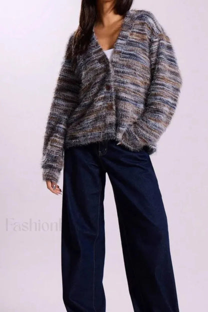 Cardigan Tricoté Vintage Rayé Col V Confortable