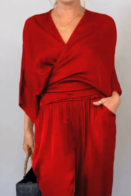 Ensemble Chic Haut Cache-cœur et Pantalon Décontracté Relaxé