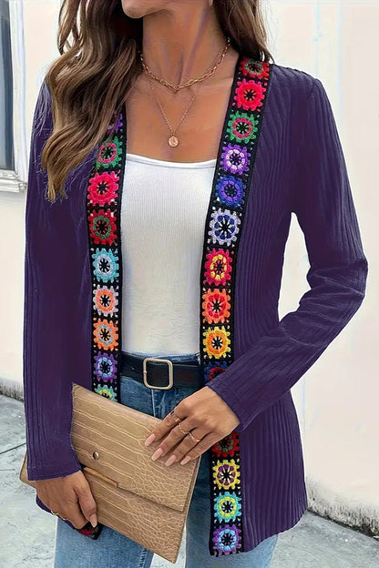 Cardigan à manches longues en maille avec bordure florale bohème
