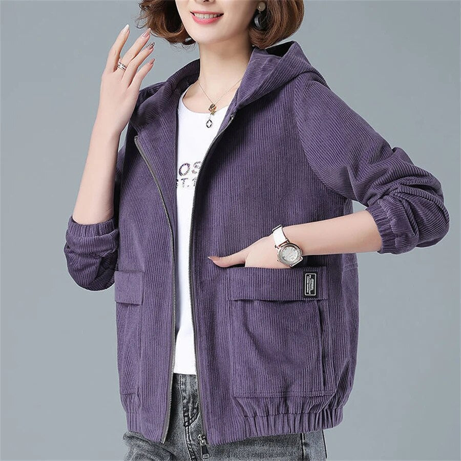 Sweat à capuche confortable en velours côtelé avec fermeture éclair et poches surdimensionnées