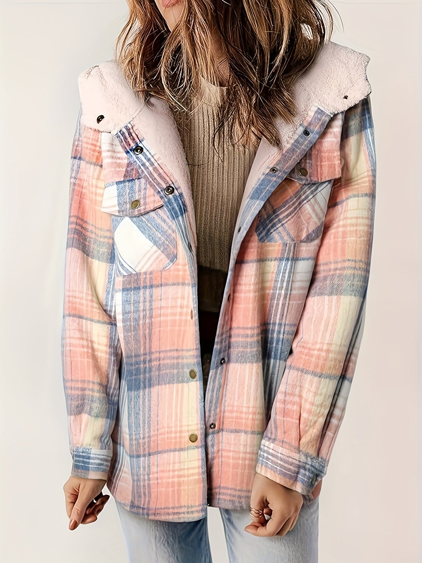 Veste À Capuche Plaid Fermeture Éclair Élégante Femmes