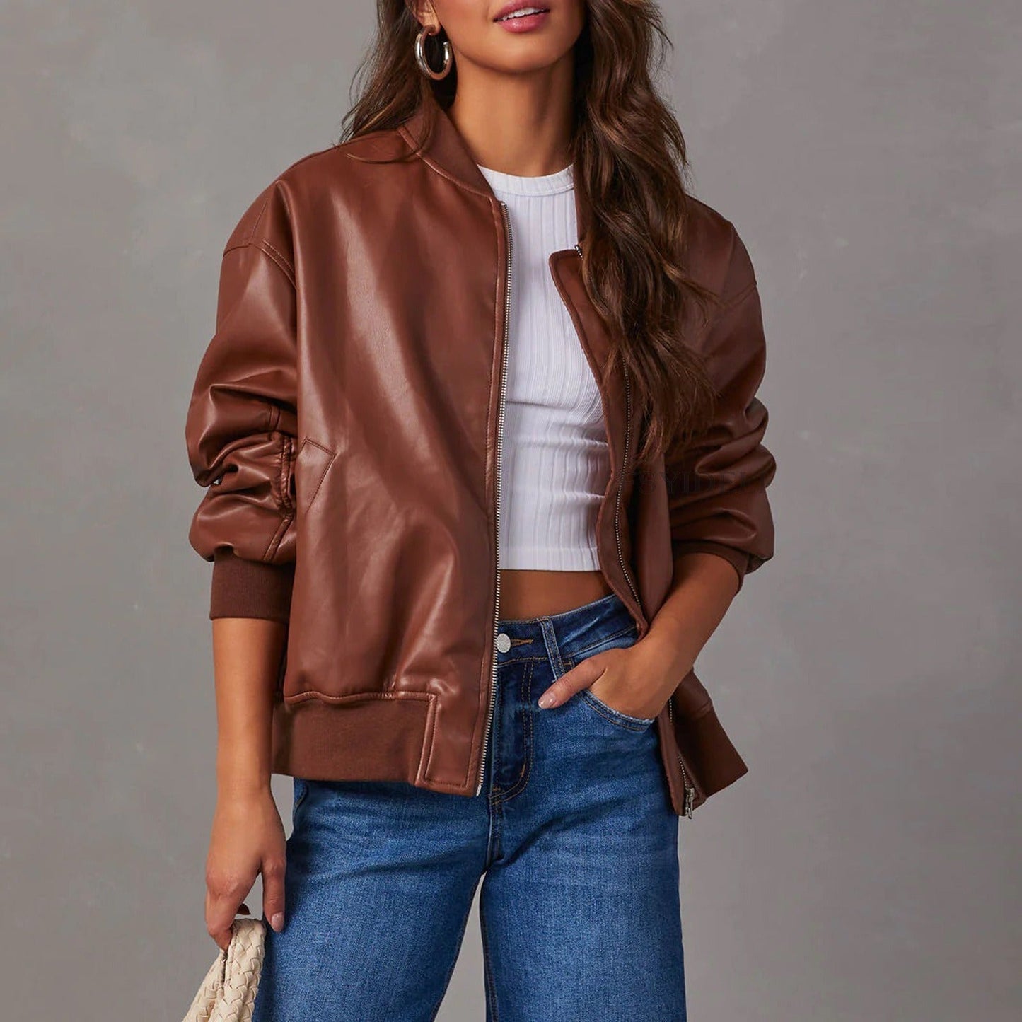 Veste Bomber Classique en Cuir à Zip Élégante Outerwear