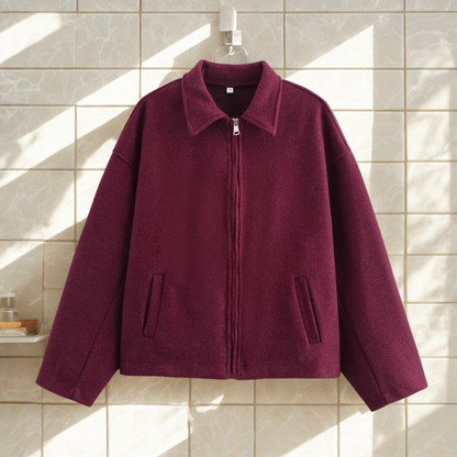 Veste Courte Coupe Carrée Femme avec Col Pointu et Fermeture Éclair Avant