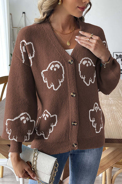 Cardigan boutonné en maille avec fantôme d'Halloween douillet