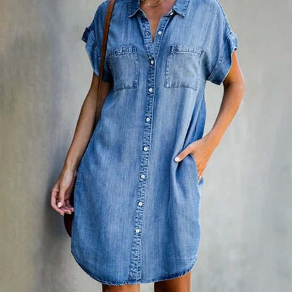 Robe En Jean Boutonnée À Manches Courtes Pour Femme