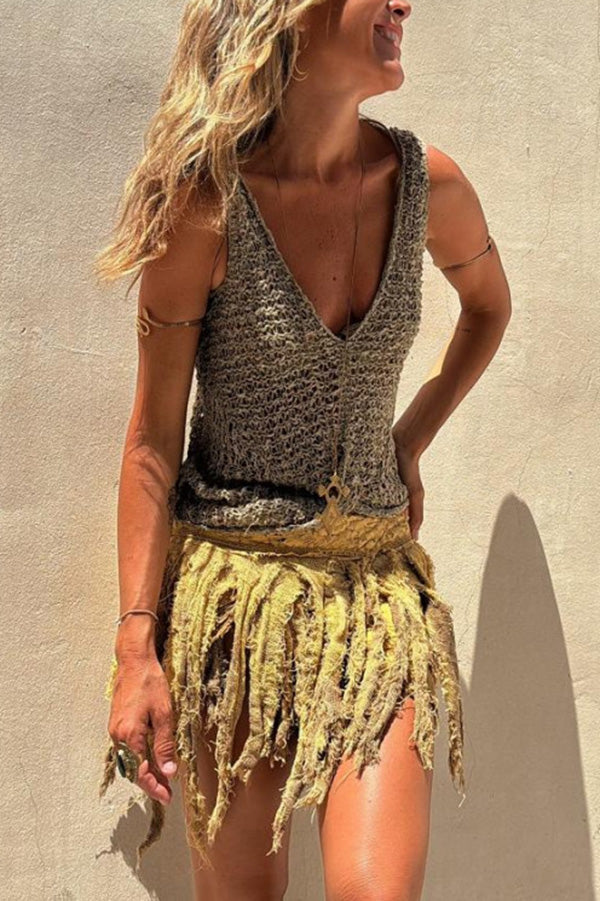 Débardeur bohème tricoté à col en V torsadé ajouré