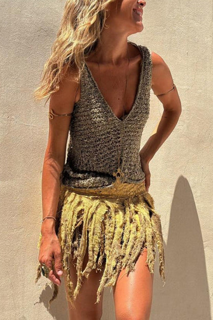 Débardeur bohème tricoté à col en V torsadé ajouré