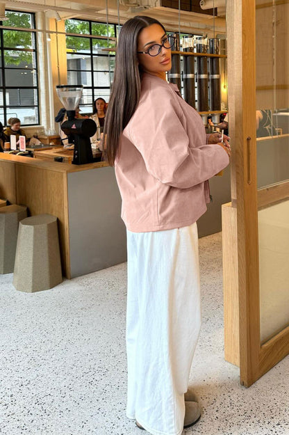 Veste Chic en Daim à Col Montant avec Manches Longues