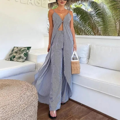 Ensemble top rayé sans manches avec pantalon ample décontracté