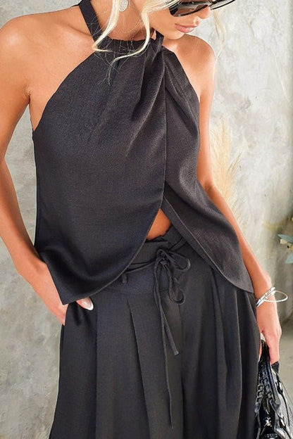 Ensemble haut fendu devant en mélange de lin avec pantalon large