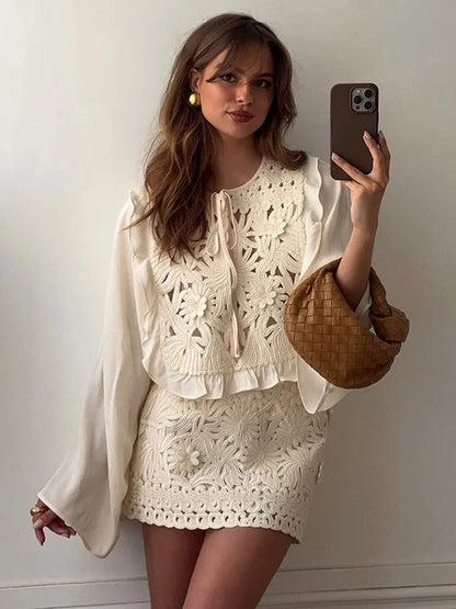 Chemise en maille décontractée à taille nouée avec détail en point ajouré