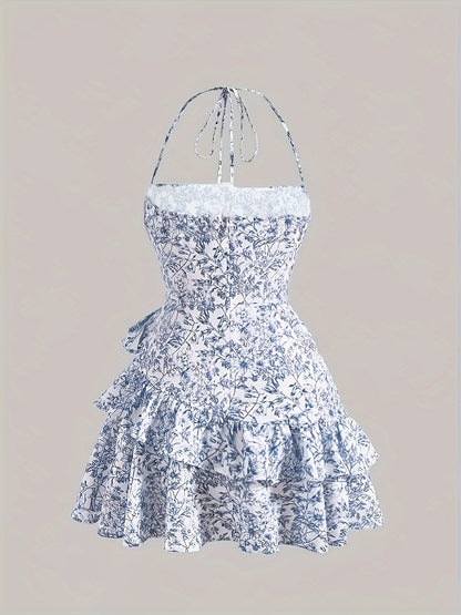 Robe Mini Florale à Col Halter et Empiècement Pour Femme