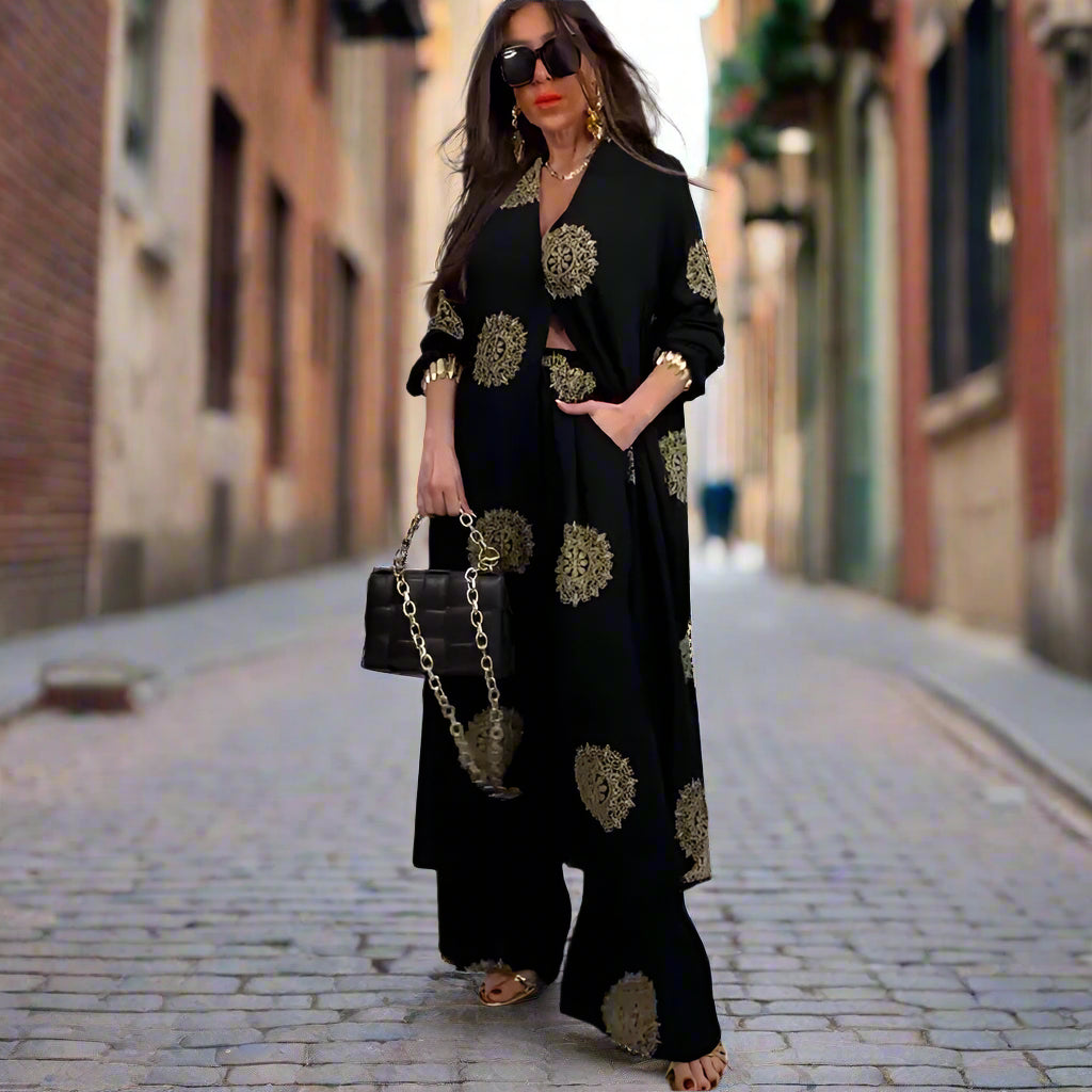 Tailleur deux pièces pour femmes à col en V avec pantalon large embossé