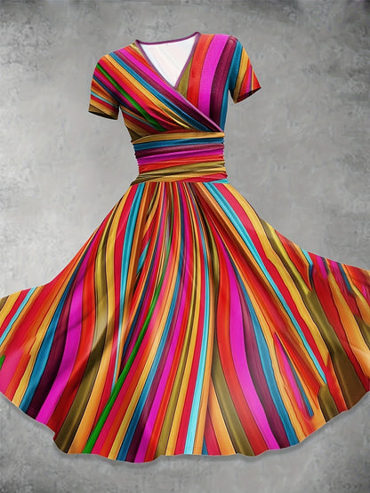 Robe midi à rayures colorées et décolleté en V pour femme