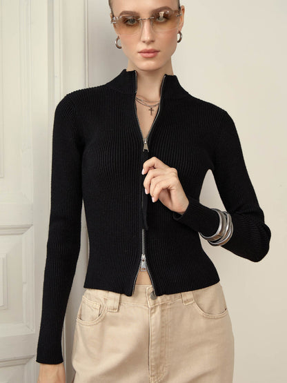 Pull en maille côtelée confortable avec fermeture éclair haute
