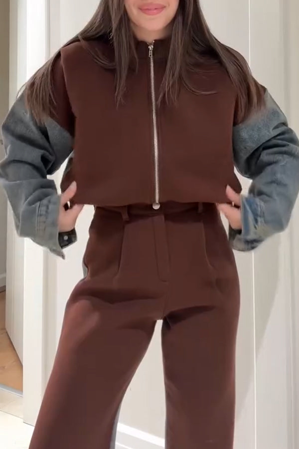 Veste Sweat-shirt Décontractée en Jean avec Patchwork et Fermeture Éclair