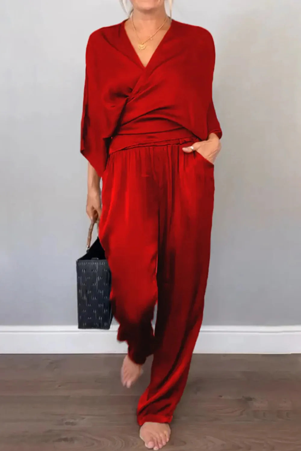 Ensemble Chic Haut Cache-cœur et Pantalon Décontracté Relaxé