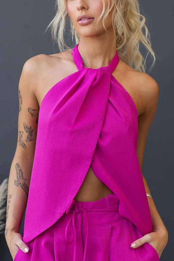 Ensemble haut fendu devant en mélange de lin avec pantalon large