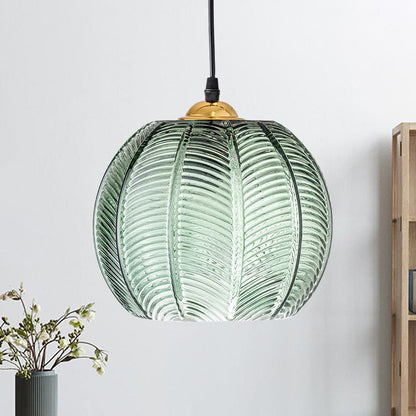 Lampe pendante rétro en verre strié vert