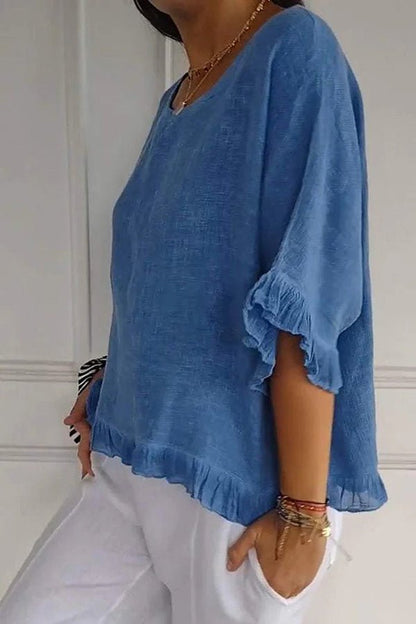 Haut décontracté avec volants et col rond pour femmes